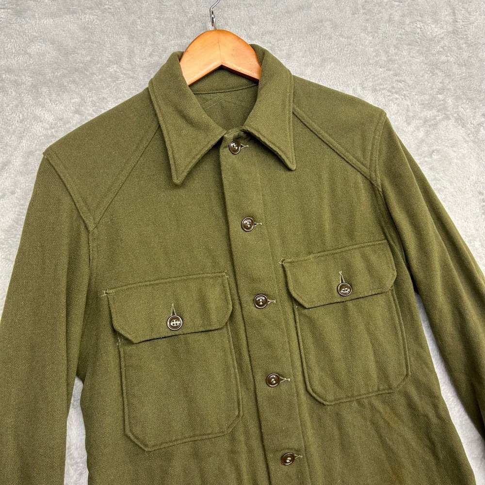 Wool Field Shirt Jacket Small Olive Green Distressed Grunge Gorpcore DAMAGED